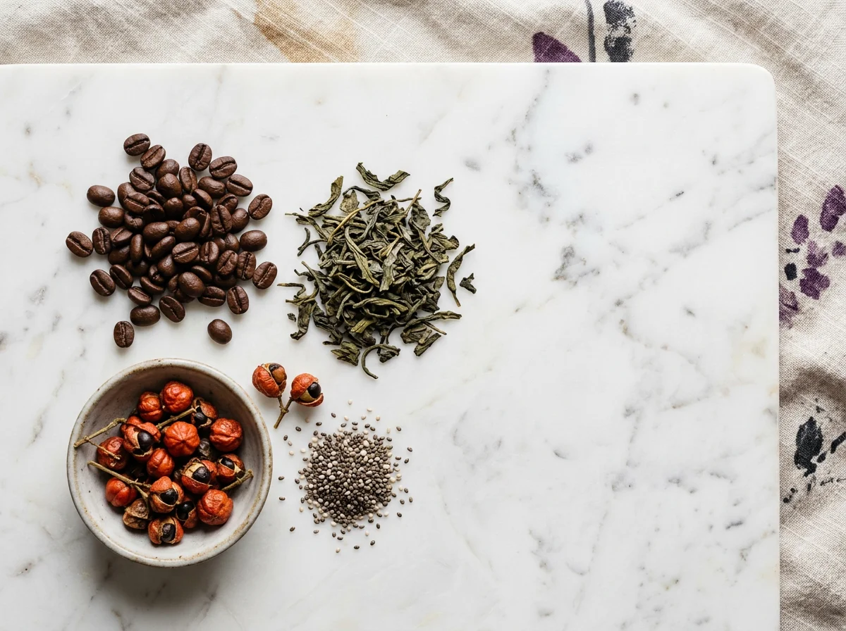 Flat lay of whole coffee beans, green tea leaves and guarana berries - key ingredients in Slim Coffee Booster