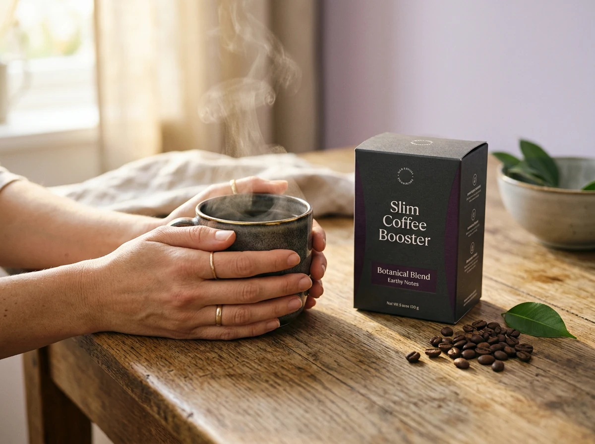 Hands holding a steaming mug beside the Slim Coffee Booster box - morning ritual